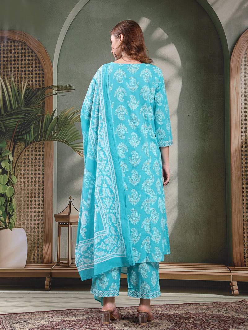 Ramas Paisley Printed Pure Cotton Round Neck A-Line Kurta & Trousers With Dupatta