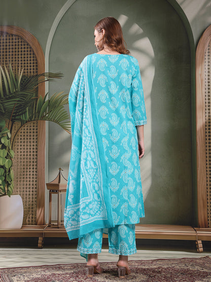 Ramas Paisley Printed Pure Cotton Round Neck A-Line Kurta & Trousers With Dupatta