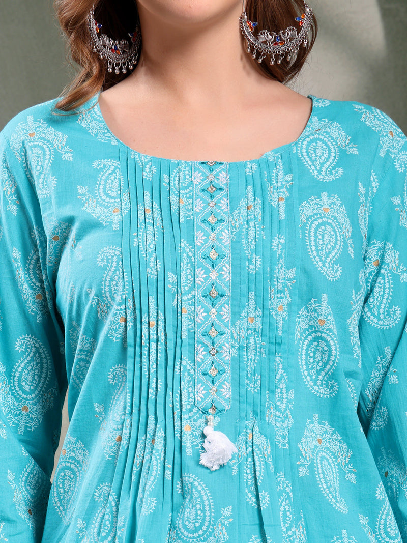 Ramas Paisley Printed Pure Cotton Round Neck A-Line Kurta & Trousers With Dupatta