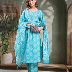 Ramas Paisley Printed Pure Cotton Round Neck A-Line Kurta & Trousers With Dupatta