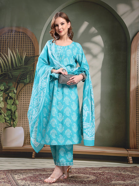 Ramas Paisley Printed Pure Cotton Round Neck A-Line Kurta & Trousers With Dupatta