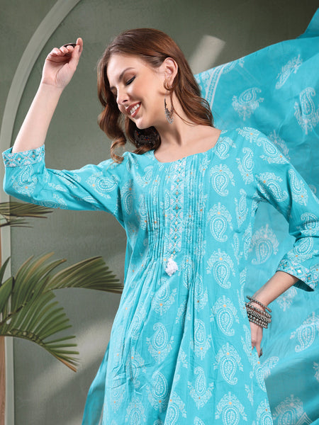 Ramas Paisley Printed Pure Cotton Round Neck A-Line Kurta & Trousers With Dupatta