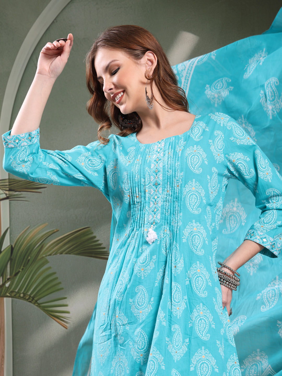 Ramas Paisley Printed Pure Cotton Round Neck A-Line Kurta & Trousers With Dupatta