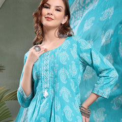 Ramas Paisley Printed Pure Cotton Round Neck A-Line Kurta & Trousers With Dupatta