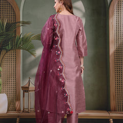 Ramas V-Neck Straight Kurta & Trousers With Embroidered Dupatta