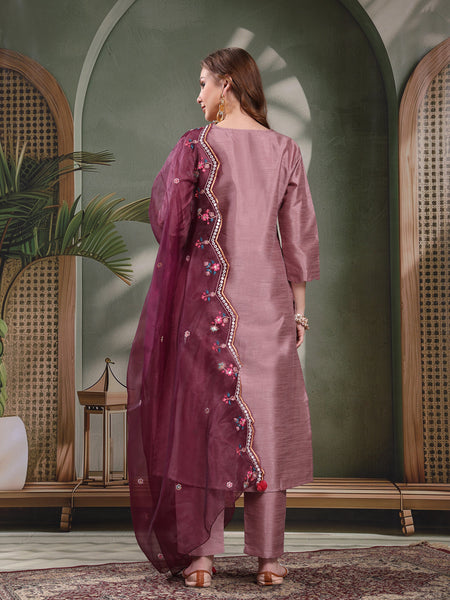 Ramas V-Neck Straight Kurta & Trousers With Embroidered Dupatta