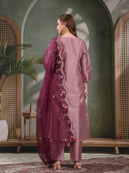 Ramas V-Neck Straight Kurta & Trousers With Embroidered Dupatta