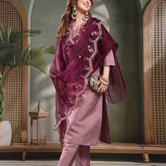 Ramas V-Neck Straight Kurta & Trousers With Embroidered Dupatta
