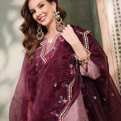 Ramas V-Neck Straight Kurta & Trousers With Embroidered Dupatta