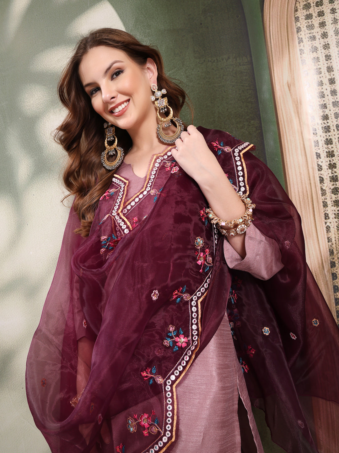 Ramas V-Neck Straight Kurta & Trousers With Embroidered Dupatta