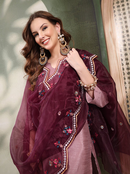 Ramas V-Neck Straight Kurta & Trousers With Embroidered Dupatta