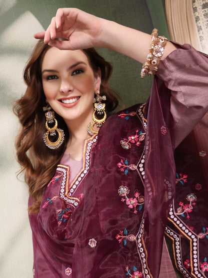 Ramas V-Neck Straight Kurta & Trousers With Embroidered Dupatta