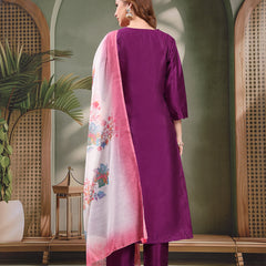 Ramas V-Neck Straight Kurta & Trousers With Printed Dupatta