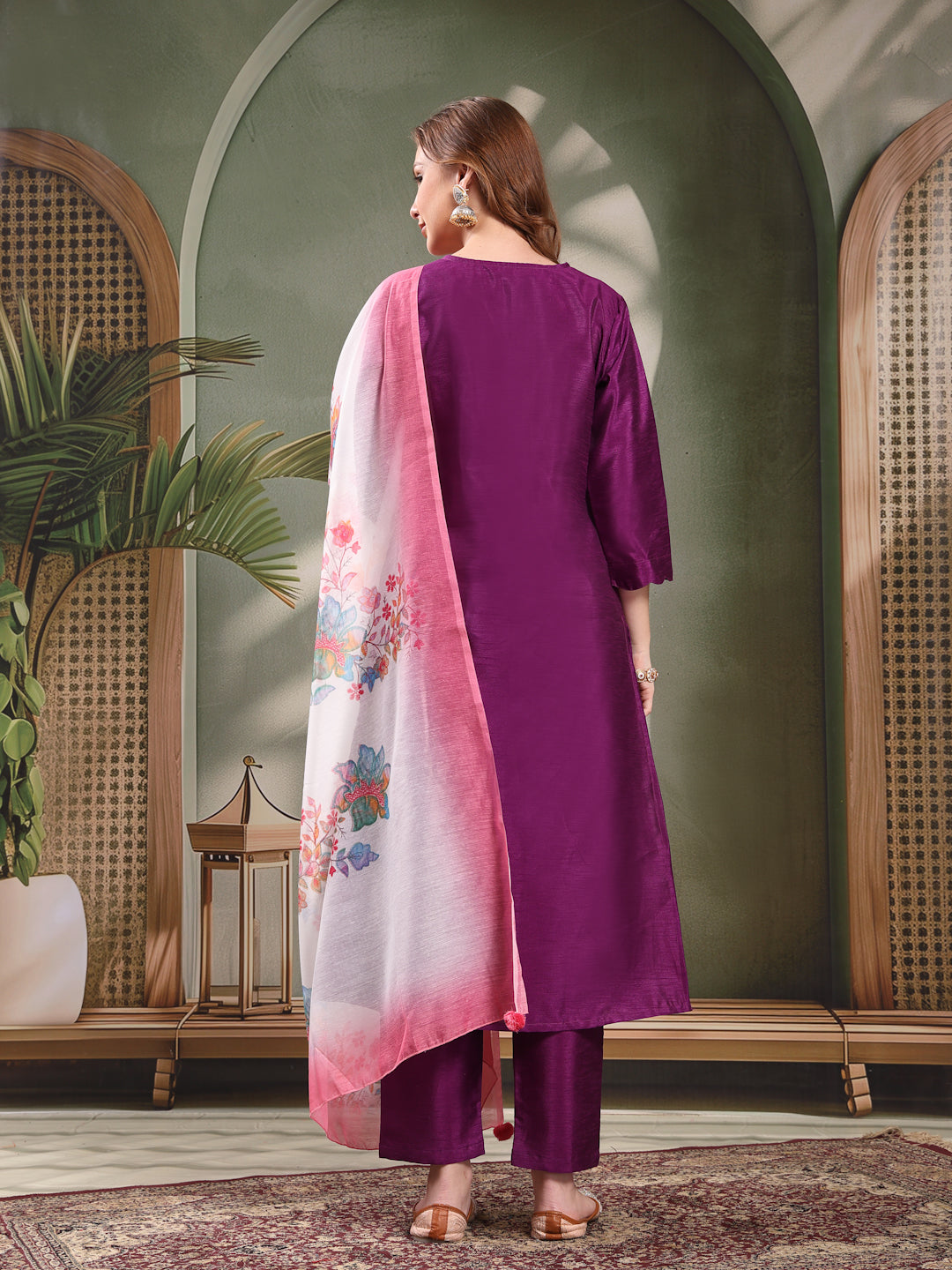 Ramas V-Neck Straight Kurta & Trousers With Printed Dupatta