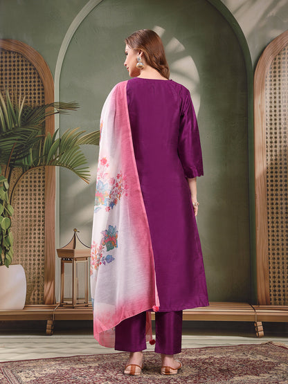 Ramas V-Neck Straight Kurta & Trousers With Printed Dupatta