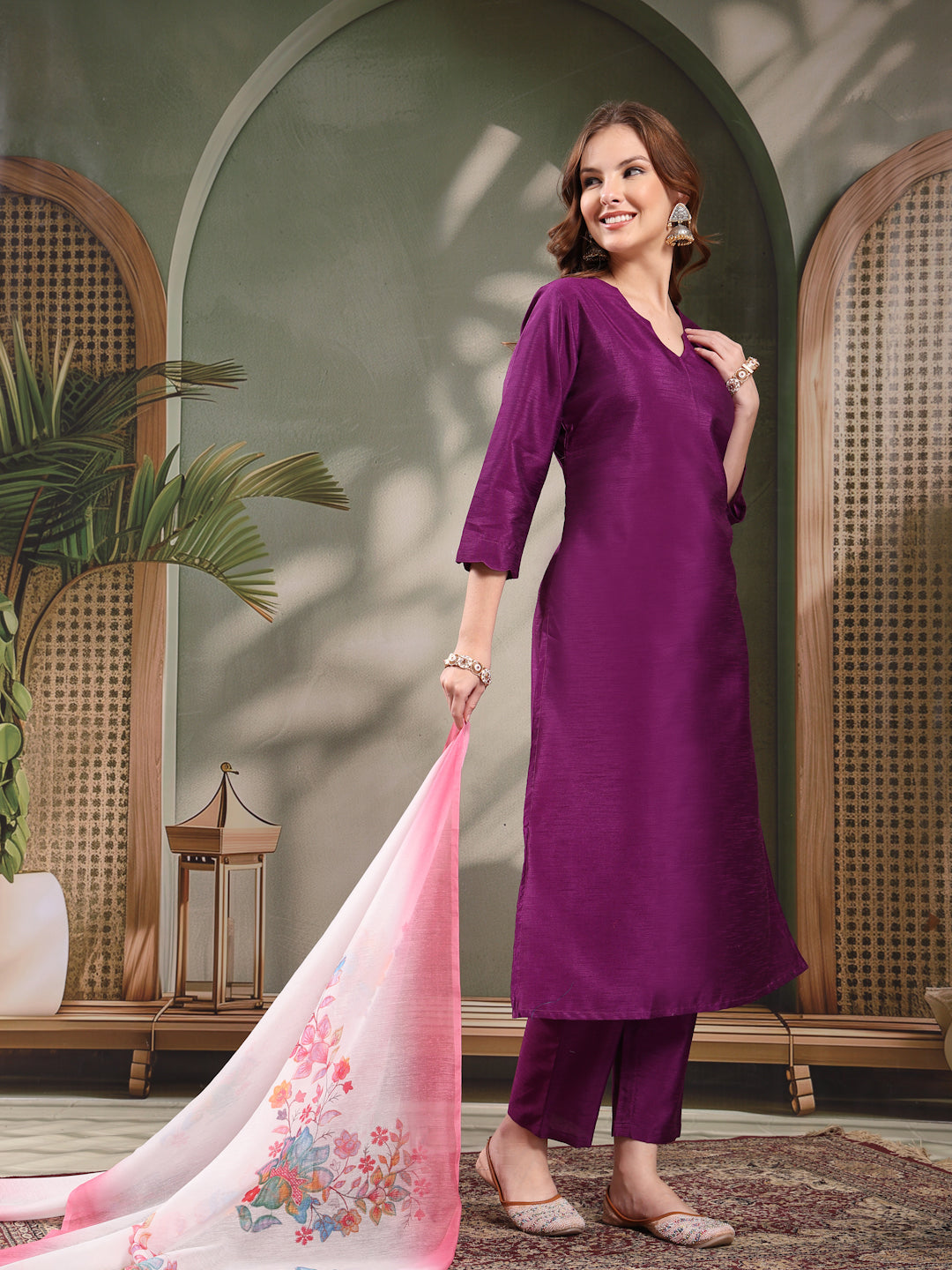 Ramas V-Neck Straight Kurta & Trousers With Printed Dupatta