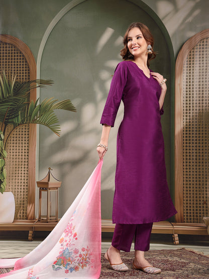Ramas V-Neck Straight Kurta & Trousers With Printed Dupatta