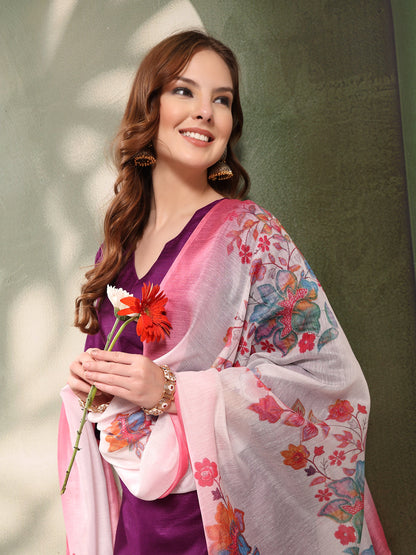 Ramas V-Neck Straight Kurta & Trousers With Printed Dupatta