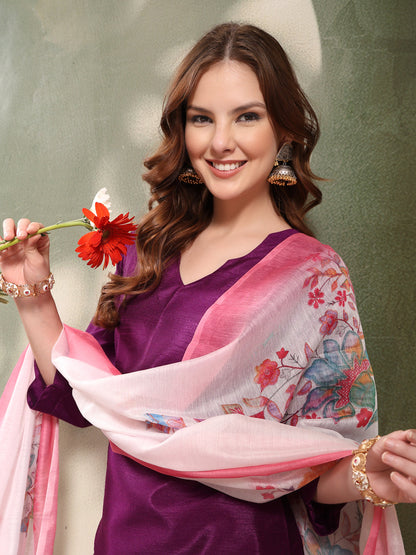 Ramas V-Neck Straight Kurta & Trousers With Printed Dupatta