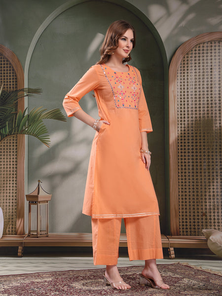 Ramas Embroidered Pure Cotton Round Neck Straight Kurta & Palazzos