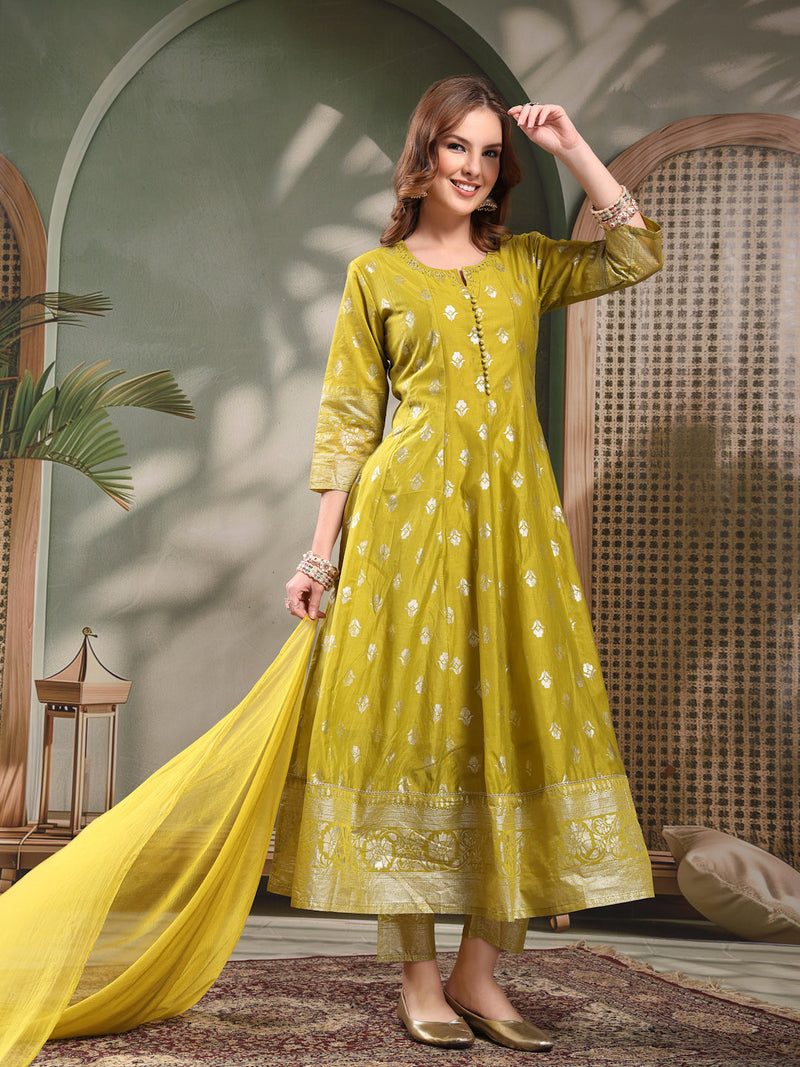 Ramas Printed Round Neck Anarkali Kurta & Trousers With Dupatta