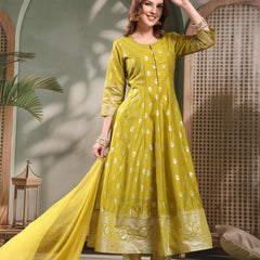 Ramas Printed Round Neck Anarkali Kurta & Trousers With Dupatta