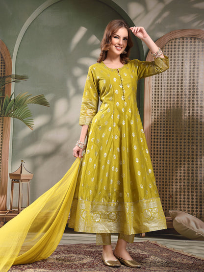 Ramas Printed Round Neck Anarkali Kurta & Trousers With Dupatta