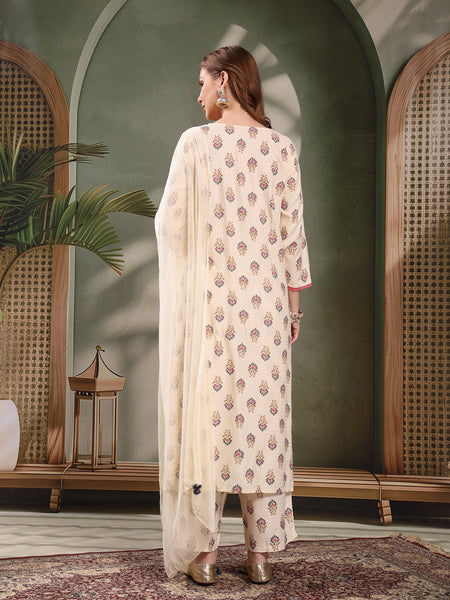 Ramas Embroidered Round Neck Straight Kurta & Palazzos With Dupatta