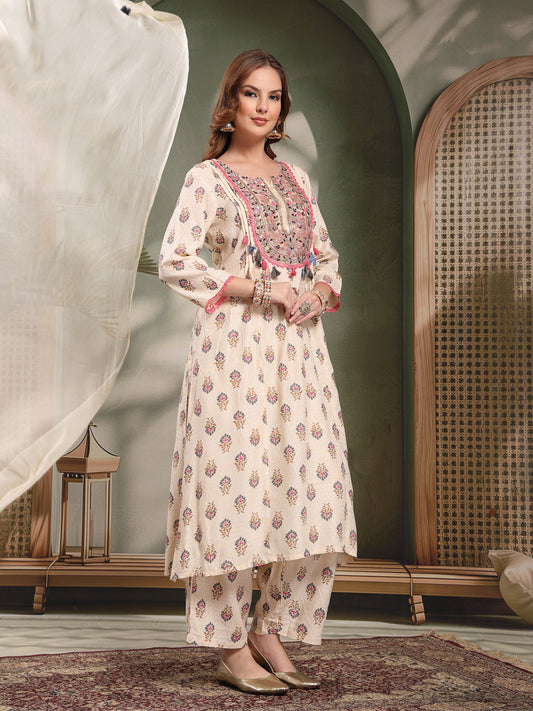 Ramas Embroidered Round Neck Straight Kurta & Palazzos With Dupatta