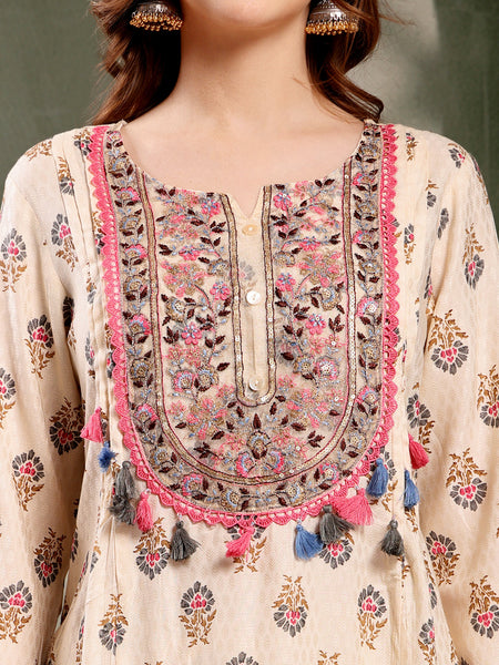 Ramas Embroidered Round Neck Straight Kurta & Palazzos With Dupatta
