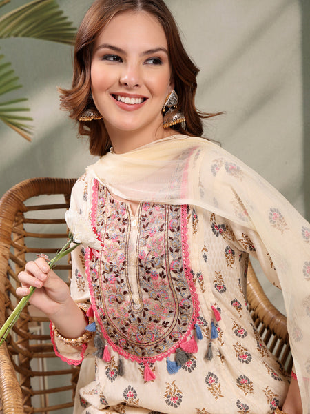 Ramas Embroidered Round Neck Straight Kurta & Palazzos With Dupatta