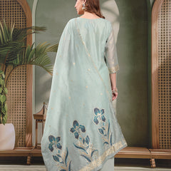 Ramas Embroidered Mirror Work Round Neck Straight Kurta & Palazzos With Dupatta