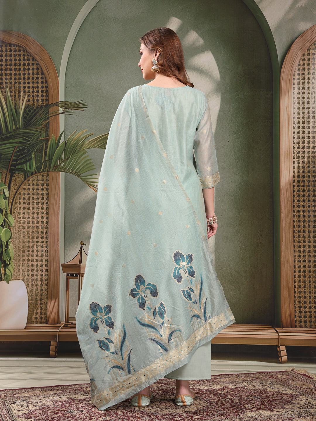 Ramas Embroidered Mirror Work Round Neck Straight Kurta & Palazzos With Dupatta
