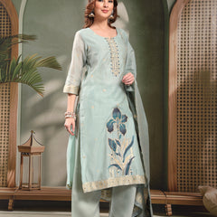 Ramas Embroidered Mirror Work Round Neck Straight Kurta & Palazzos With Dupatta