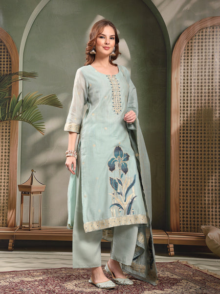 Ramas Embroidered Mirror Work Round Neck Straight Kurta & Palazzos With Dupatta