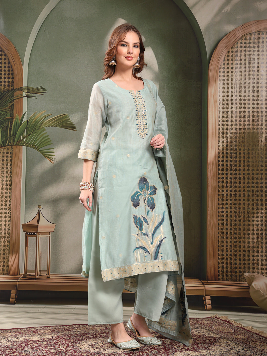 Ramas Embroidered Mirror Work Round Neck Straight Kurta & Palazzos With Dupatta