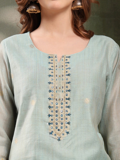 Ramas Embroidered Mirror Work Round Neck Straight Kurta & Palazzos With Dupatta