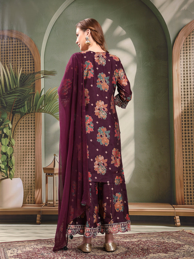 Ramas Embroidered Round Neck Straight Kurta & Sharara With Dupatta