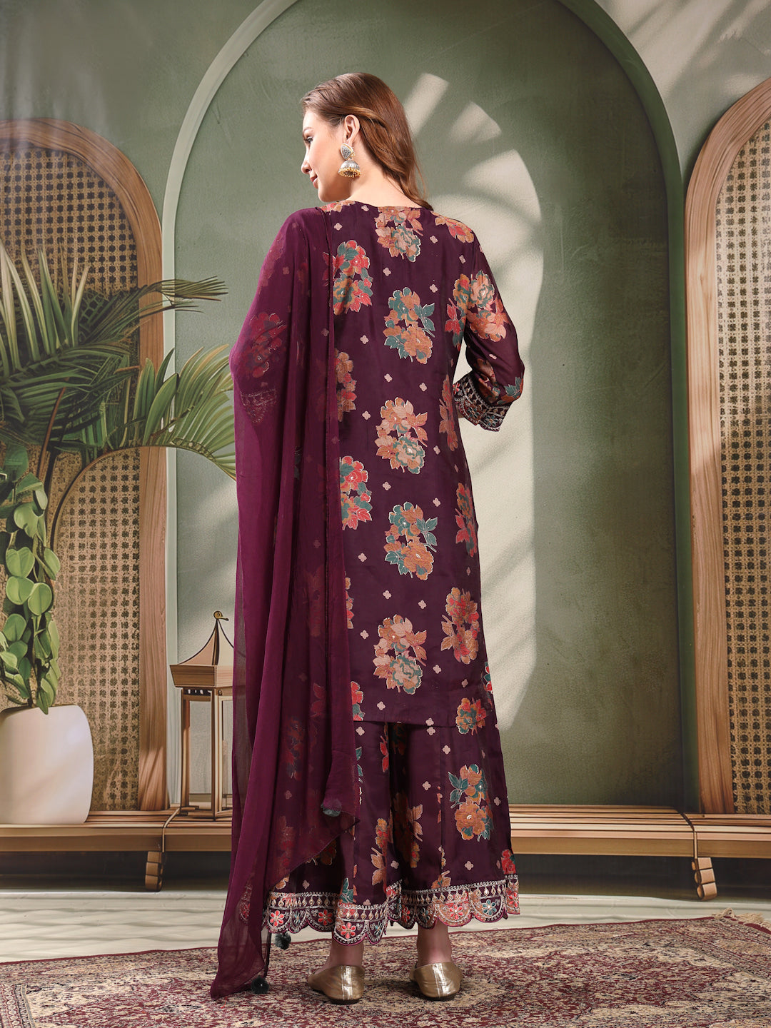Ramas Embroidered Round Neck Straight Kurta & Sharara With Dupatta