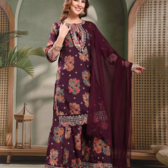 Ramas Embroidered Round Neck Straight Kurta & Sharara With Dupatta