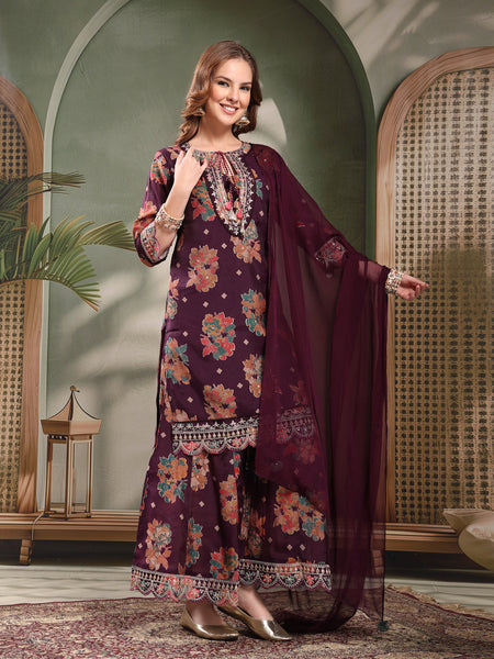 Ramas Embroidered Round Neck Straight Kurta & Sharara With Dupatta