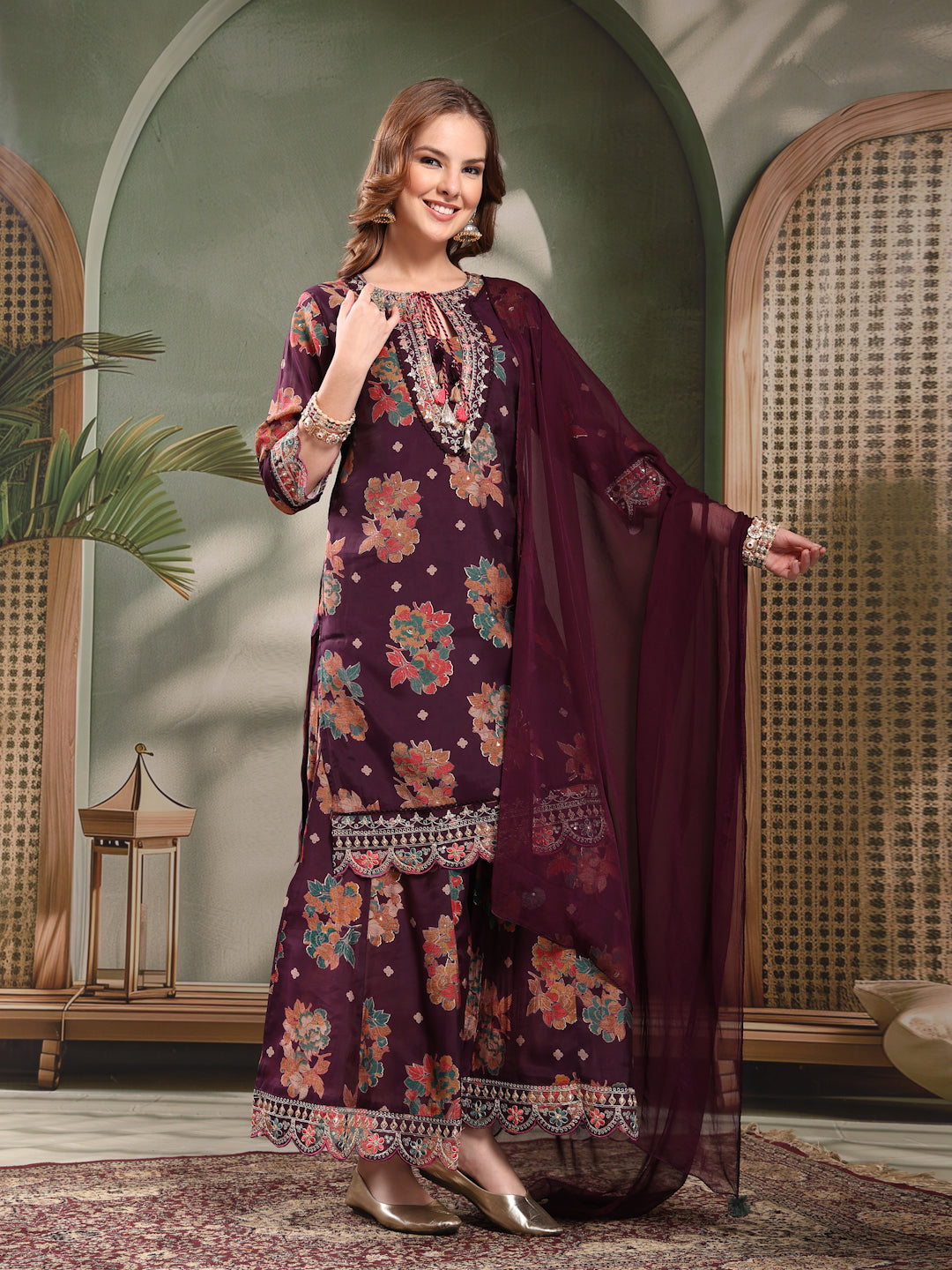 Ramas Embroidered Round Neck Straight Kurta & Sharara With Dupatta