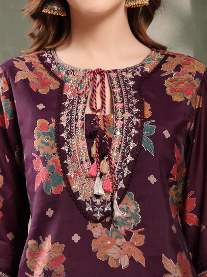Ramas Embroidered Round Neck Straight Kurta & Sharara With Dupatta