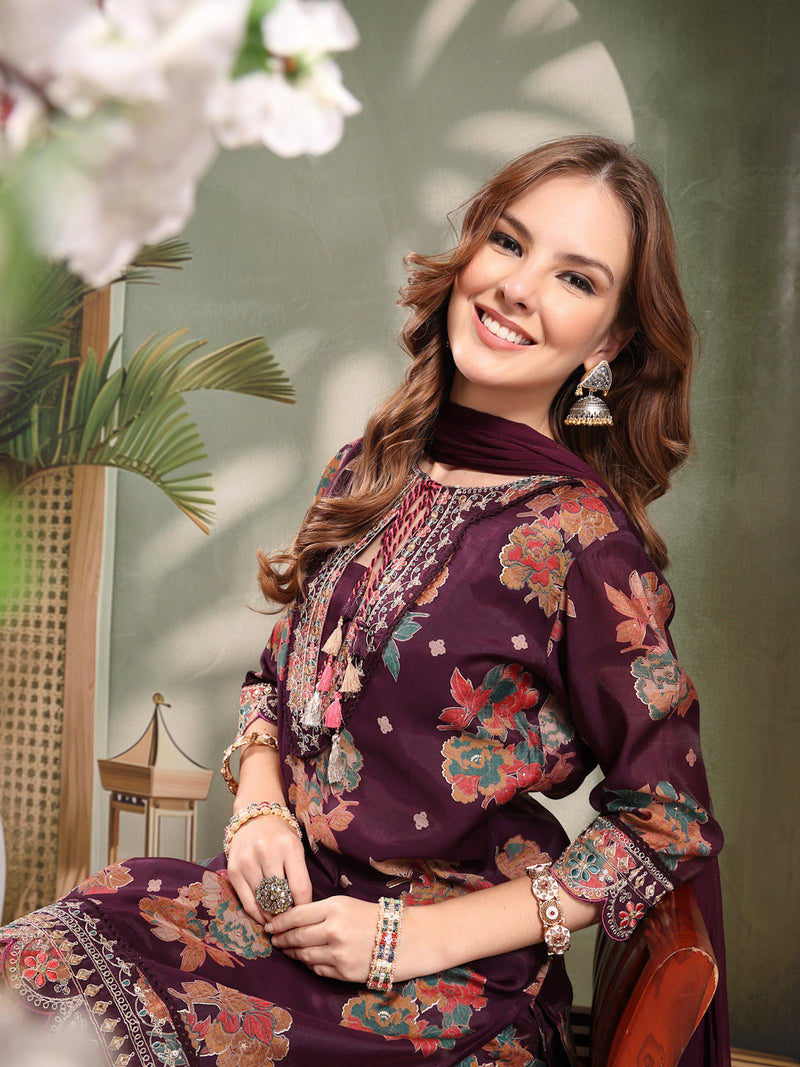 Ramas Embroidered Round Neck Straight Kurta & Sharara With Dupatta