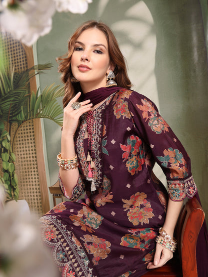 Ramas Embroidered Round Neck Straight Kurta & Sharara With Dupatta