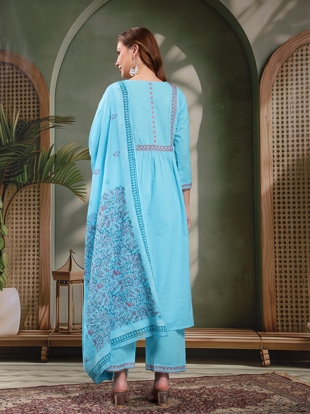 Ramas Embroidered Pure Cotton Round Neck Kurta & Trousers With Dupatta