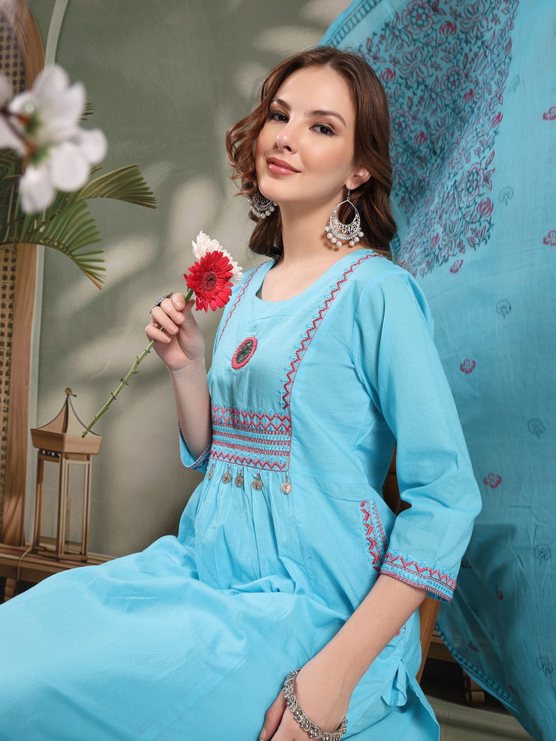 Ramas Embroidered Pure Cotton Round Neck Kurta & Trousers With Dupatta