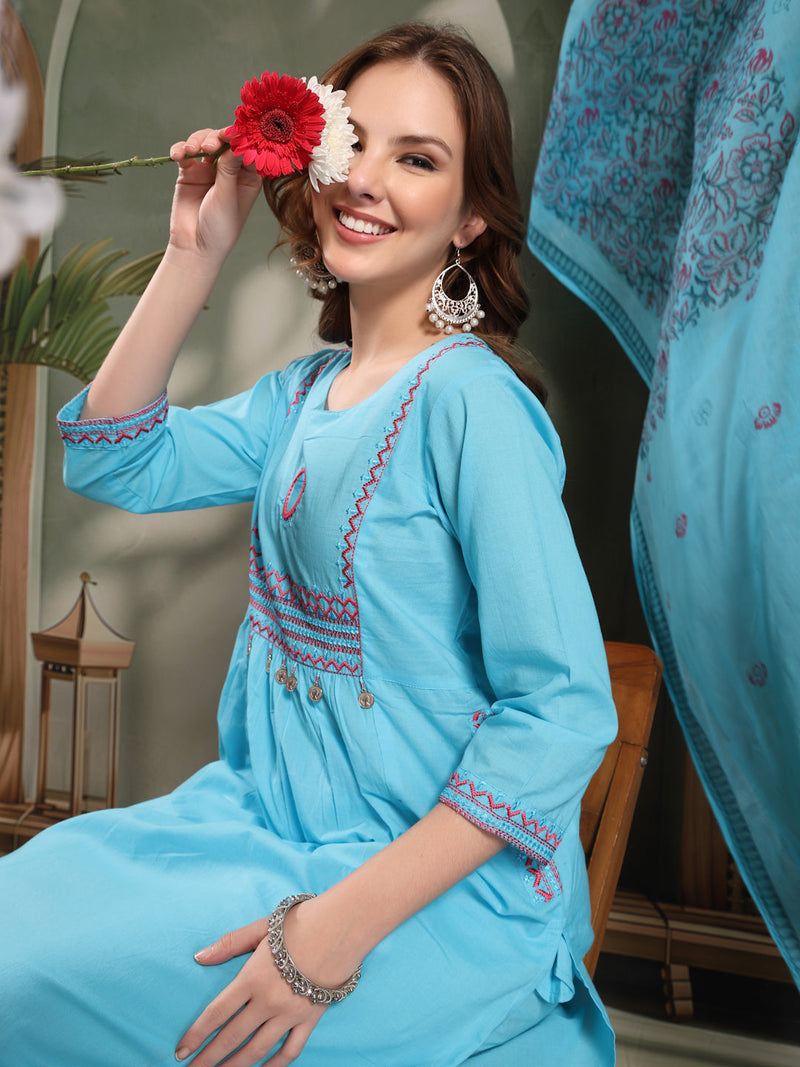 Ramas Embroidered Pure Cotton Round Neck Kurta & Trousers With Dupatta