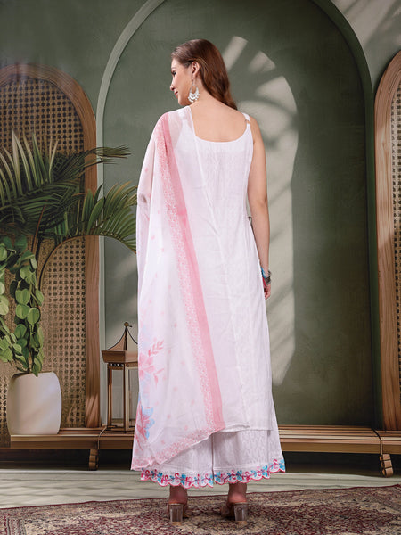 Ramas Floral Embroidered Pure Cotton Round Neck Kurta & Sharara With Dupatta