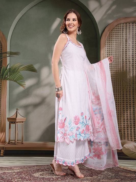 Ramas Floral Embroidered Pure Cotton Round Neck Kurta & Sharara With Dupatta